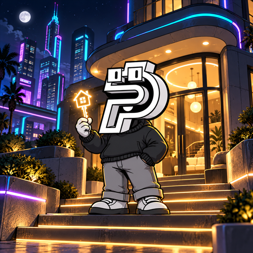 The P mascot holding a glowing house key on the PaidHouse steps