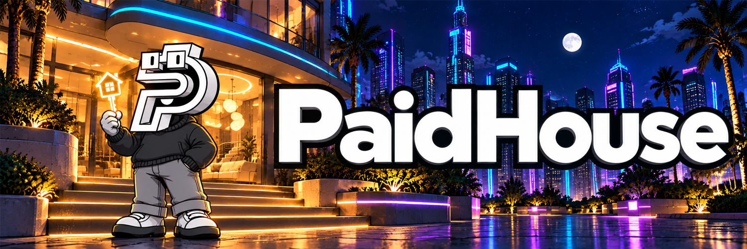 PaidHouse banner with the P mascot in front of a neon city